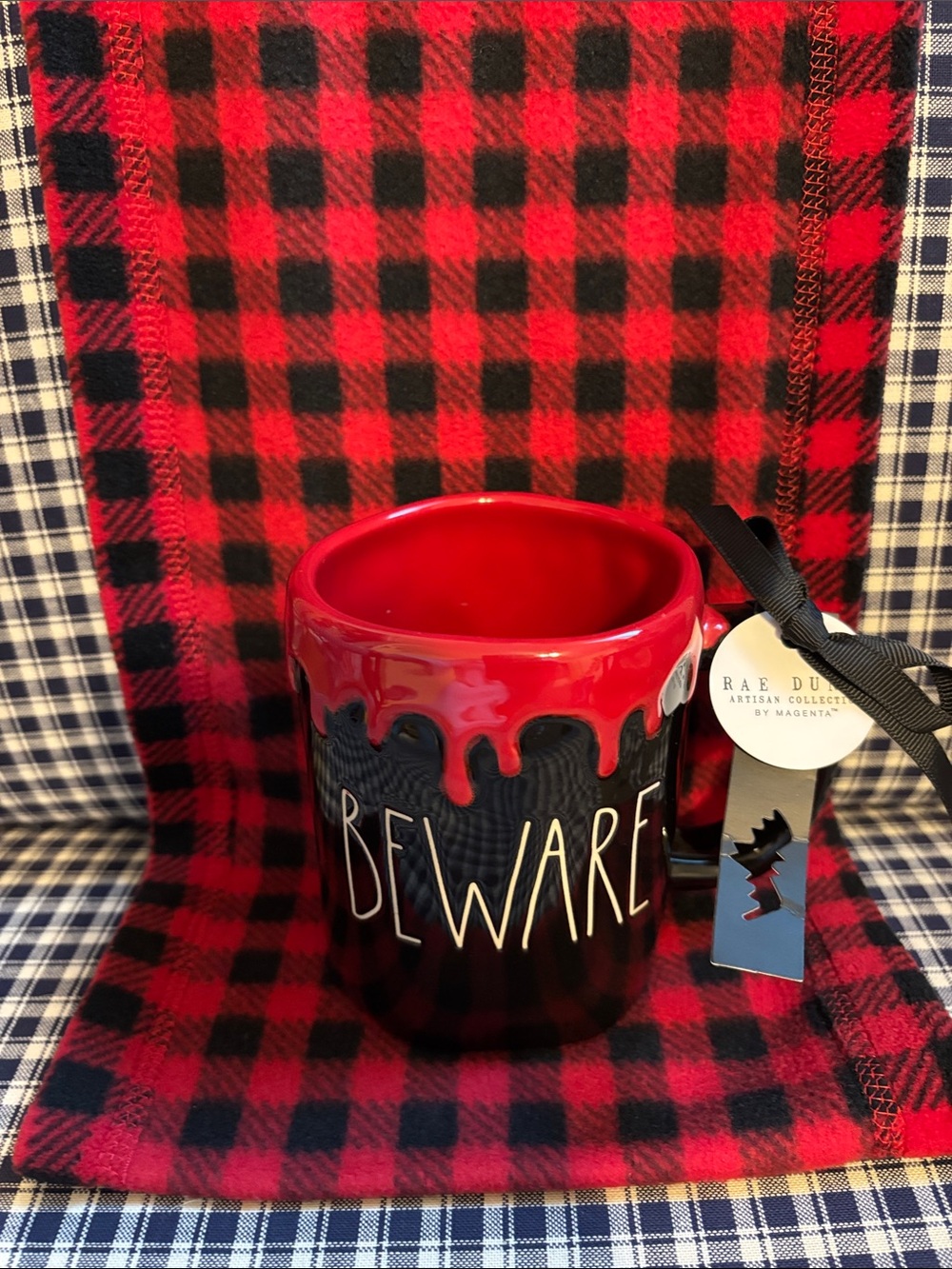 Rae Dunn Red & Black 'BEWARE' Drip Ceramic Mug